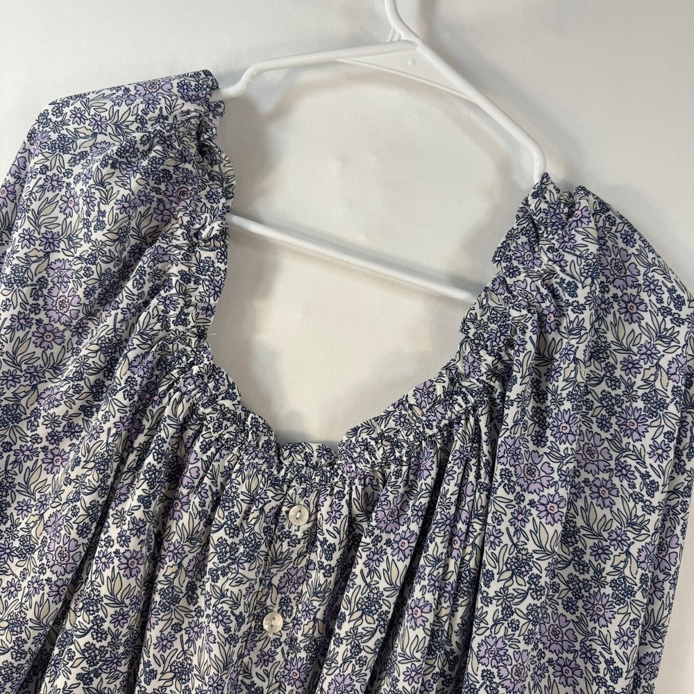 American Eagle Floral Peasant Blouse Purple White Button Front Balloon Sleeve L